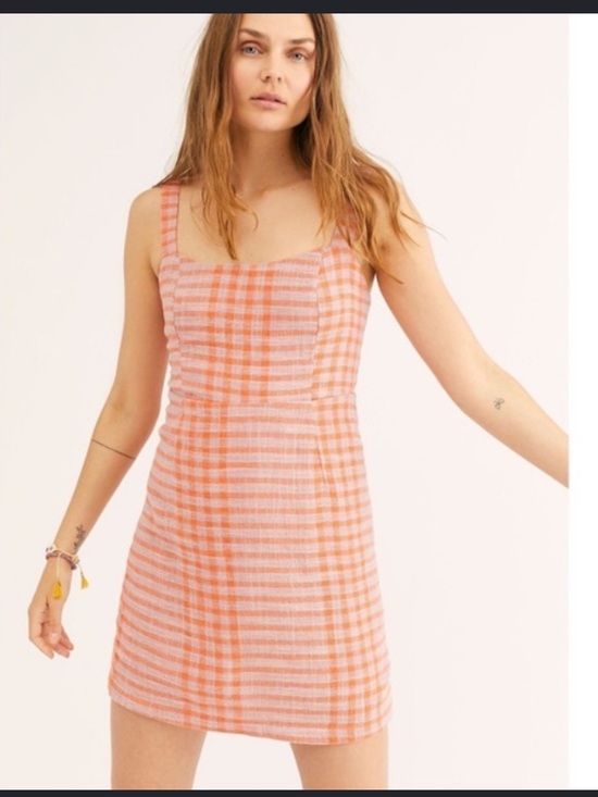 Free People Dresses & Skirts - Free People Pink & Orange Plaid Mini Dress - Square Neck